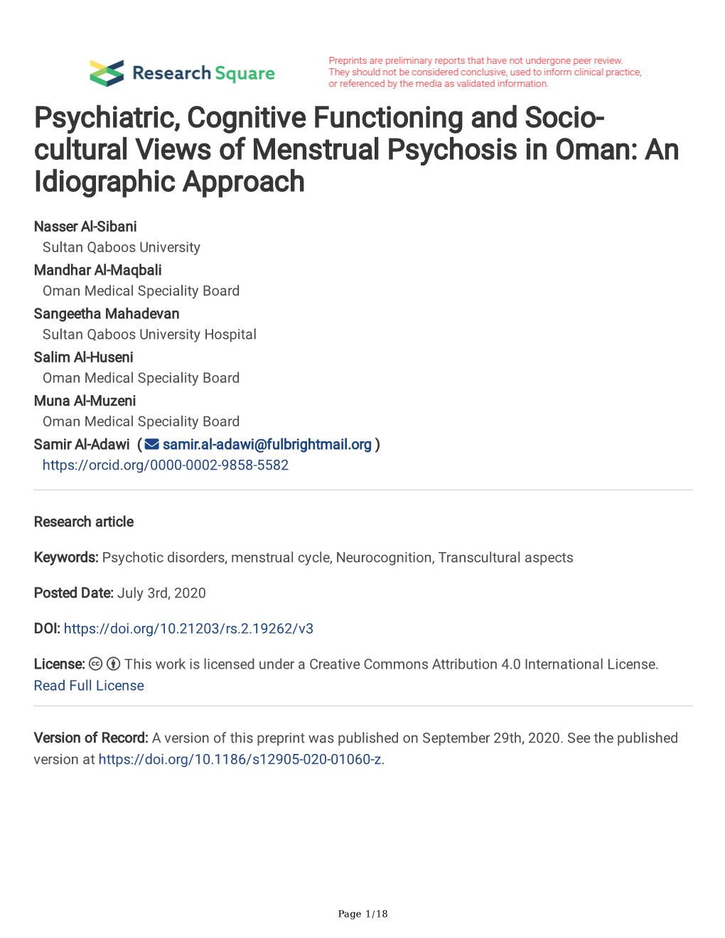Psychiatric, Cognitive Functioning and Socio- Cultural Views of Menstrual Psychosis in Oman: an Idiographic Approach
