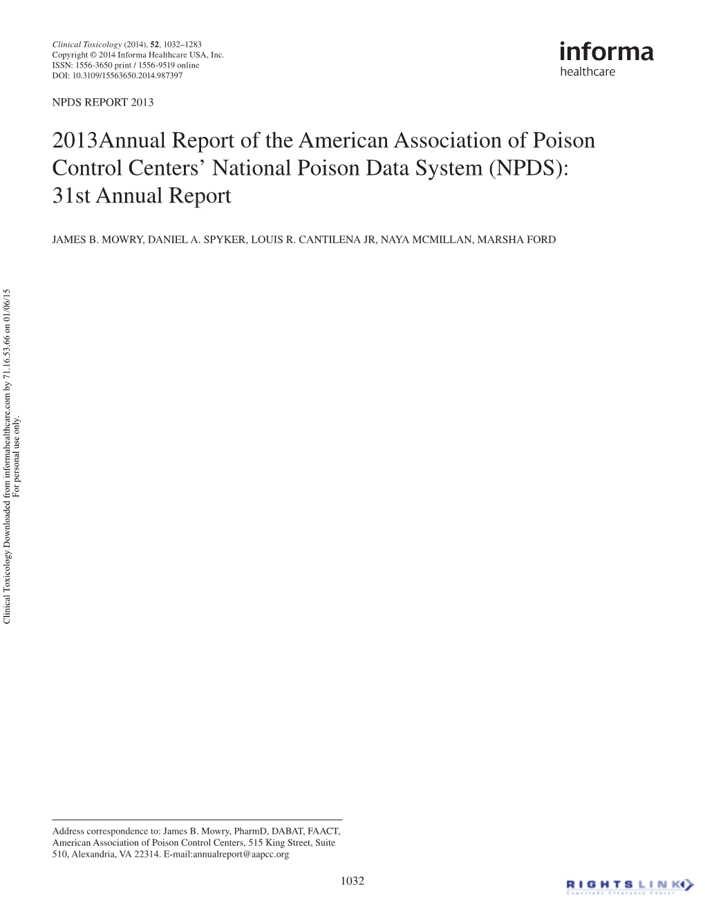 National Poison Data System (NPDS): 31St Annual Report