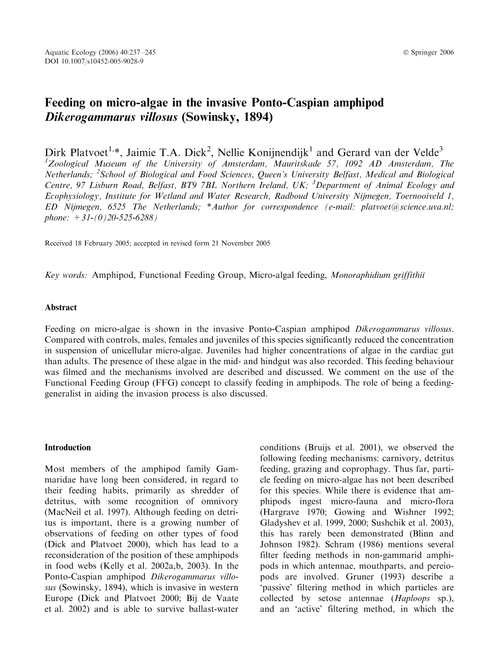 Feeding on Micro-Algae in the Invasive Ponto-Caspian Amphipod Dikerogammarus Villosus (Sowinsky, 1894)