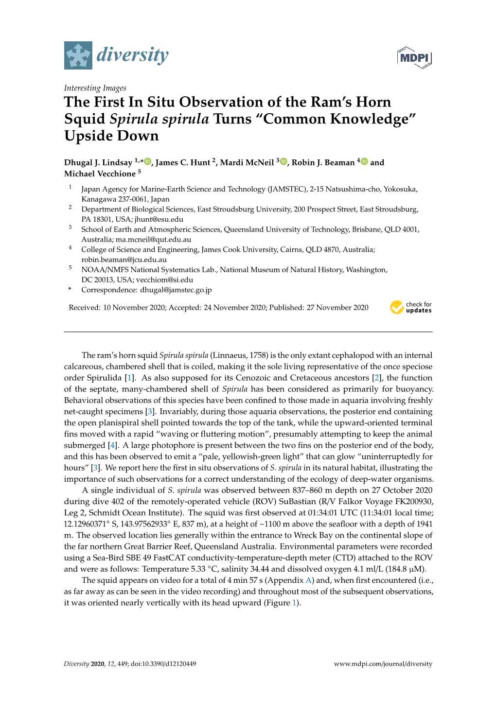 The First in Situ Observation of the Ram's Horn Squid Spirula Spirula Turns “Common Knowledge” Upside Down