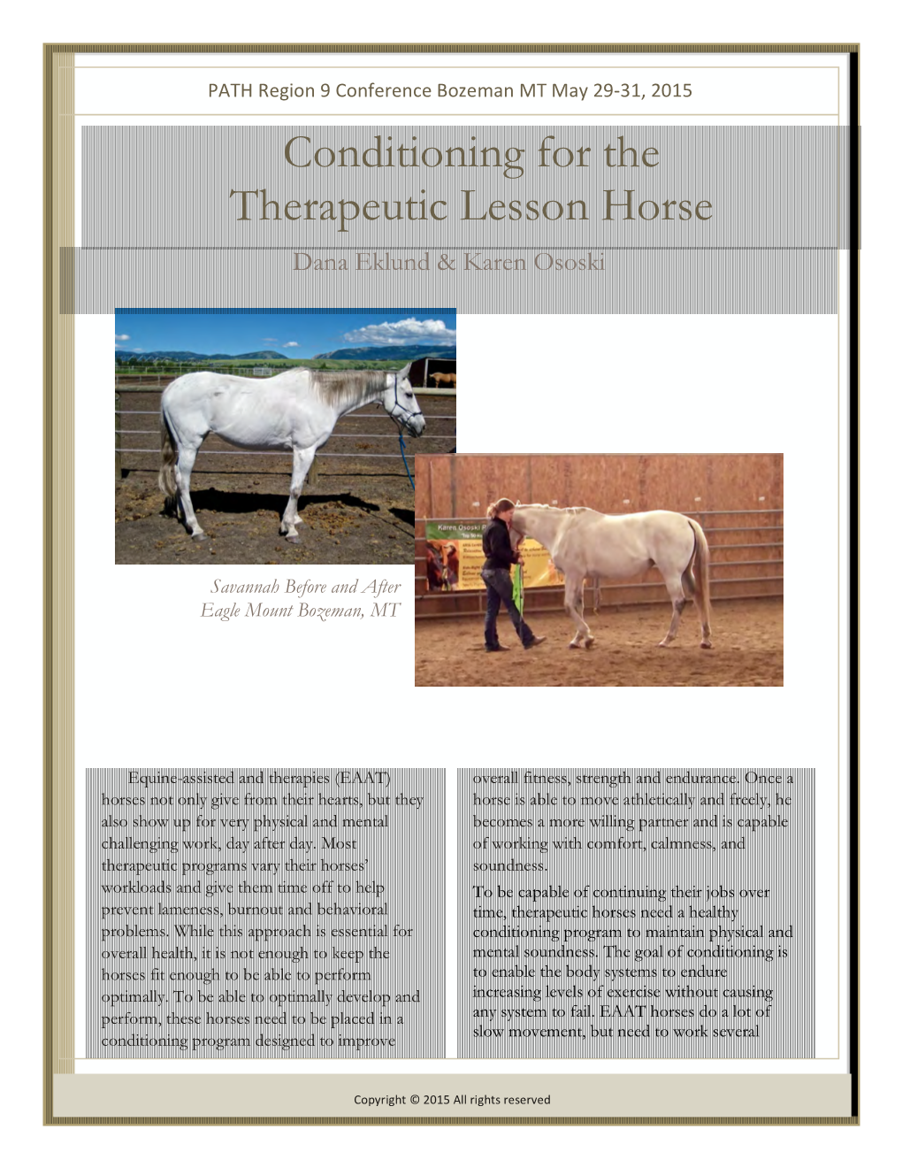 Conditioning for the Therapeutic Lesson Horse Dana Eklund & Karen Ososki