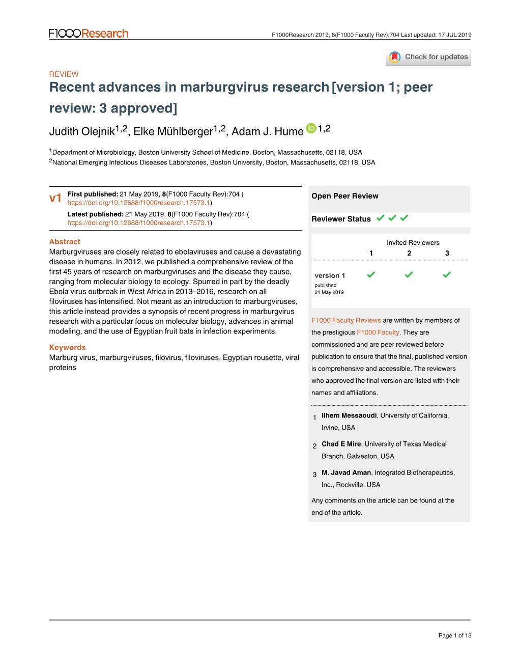 Recent Advances in Marburgvirus Research[Version 1; Peer Review: 3