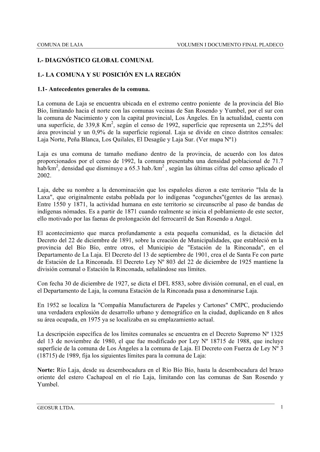 Comuna De Laja Volumen I Documento Final Pladeco Geosur Ltda. 1