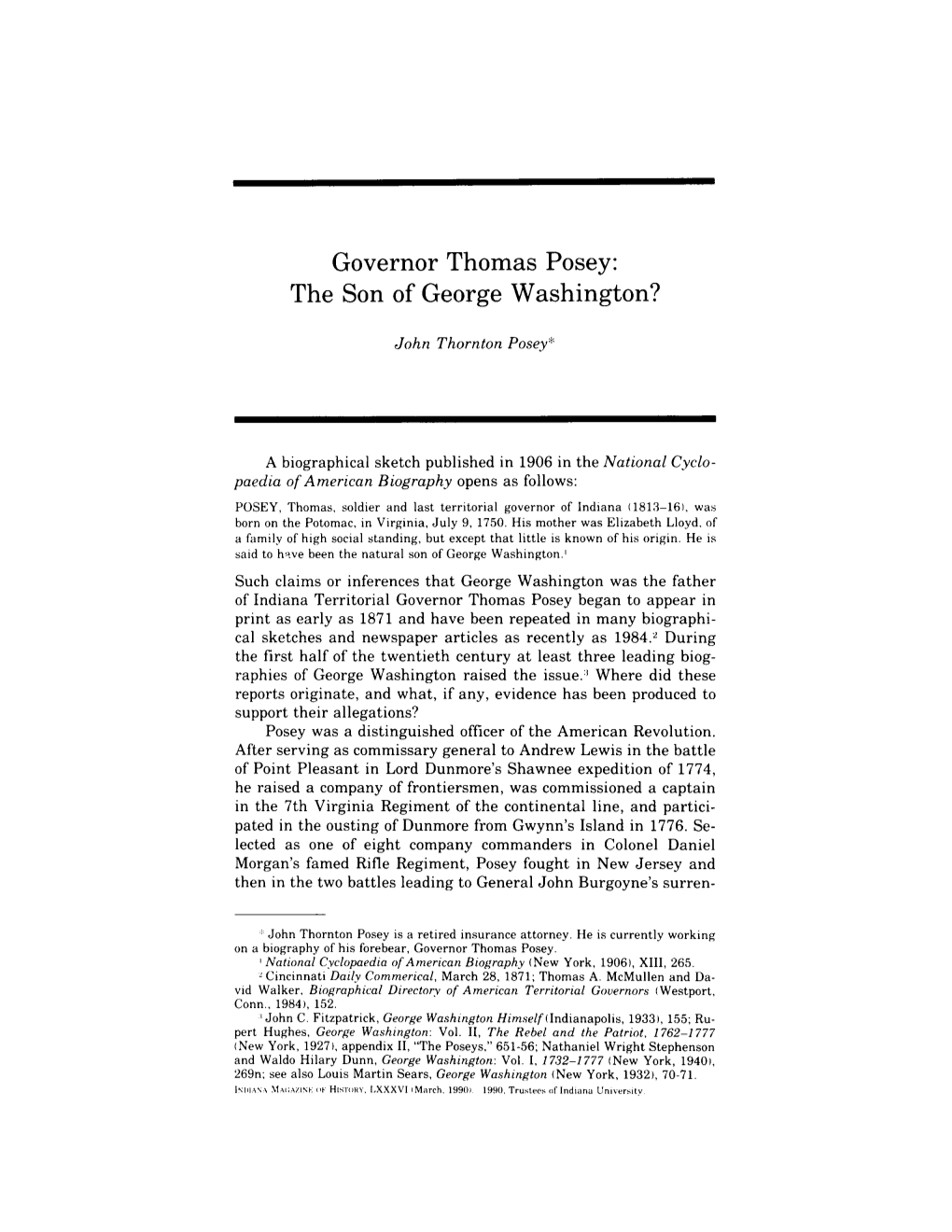 Governor Thomas Posey: the Son of George Washington?