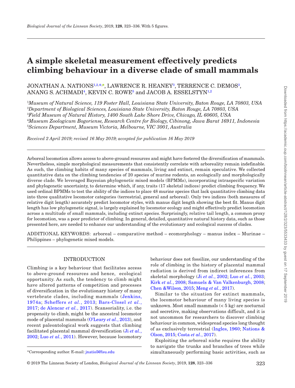 A Simple Skeletal Measurement Effectively Predicts Climbing Behaviour in a Diverse Clade of Small Mammals