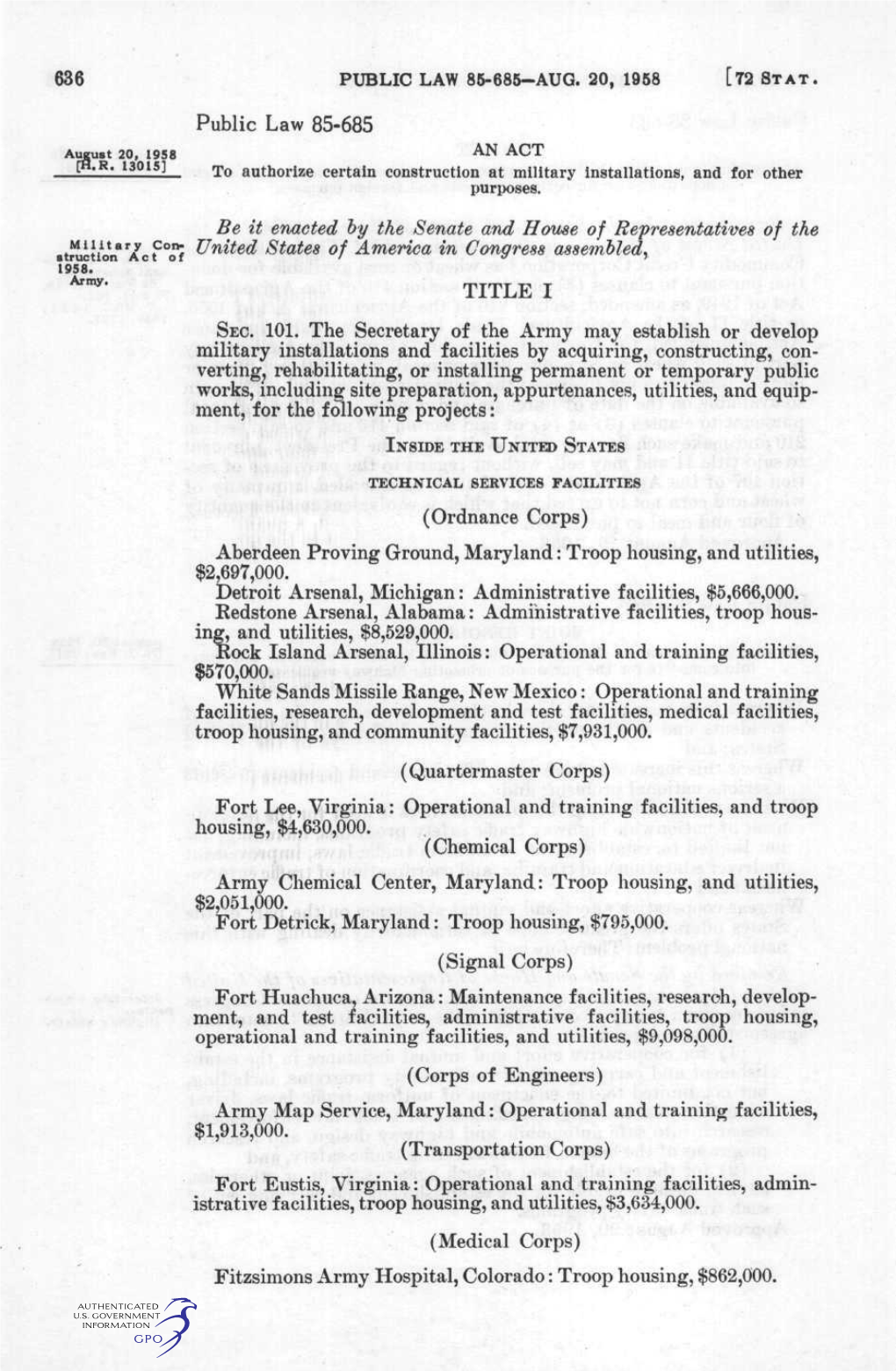 [72 STAT. Public Law 85-685 August 20, 1958 an ACT [