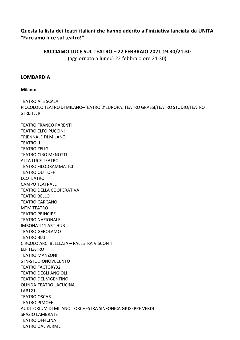 Questa La Lista Dei Teatri Italiani Che Hanno Aderito All'iniziativa Lanciata Da UNITA “Facciamo Luce Sul Teatro!”. FACCI