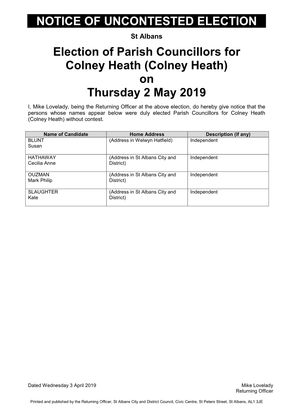 Colney Heath (Colney Heath) on Thursday 2 May 2019