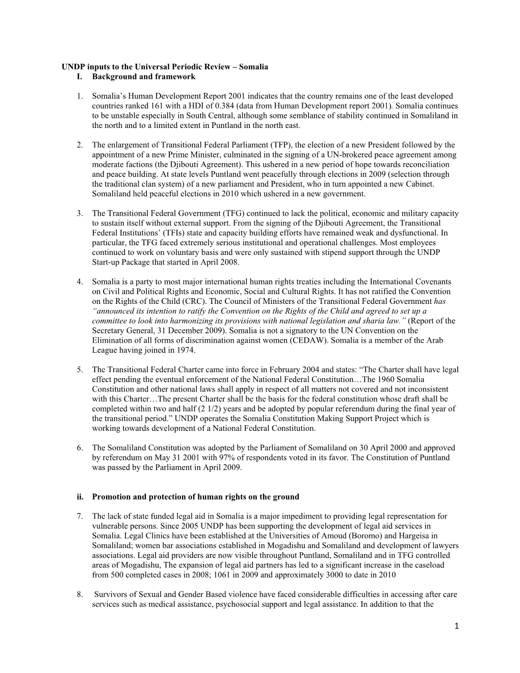 UNDP Inputs to the Universal Periodic Review – Somalia I