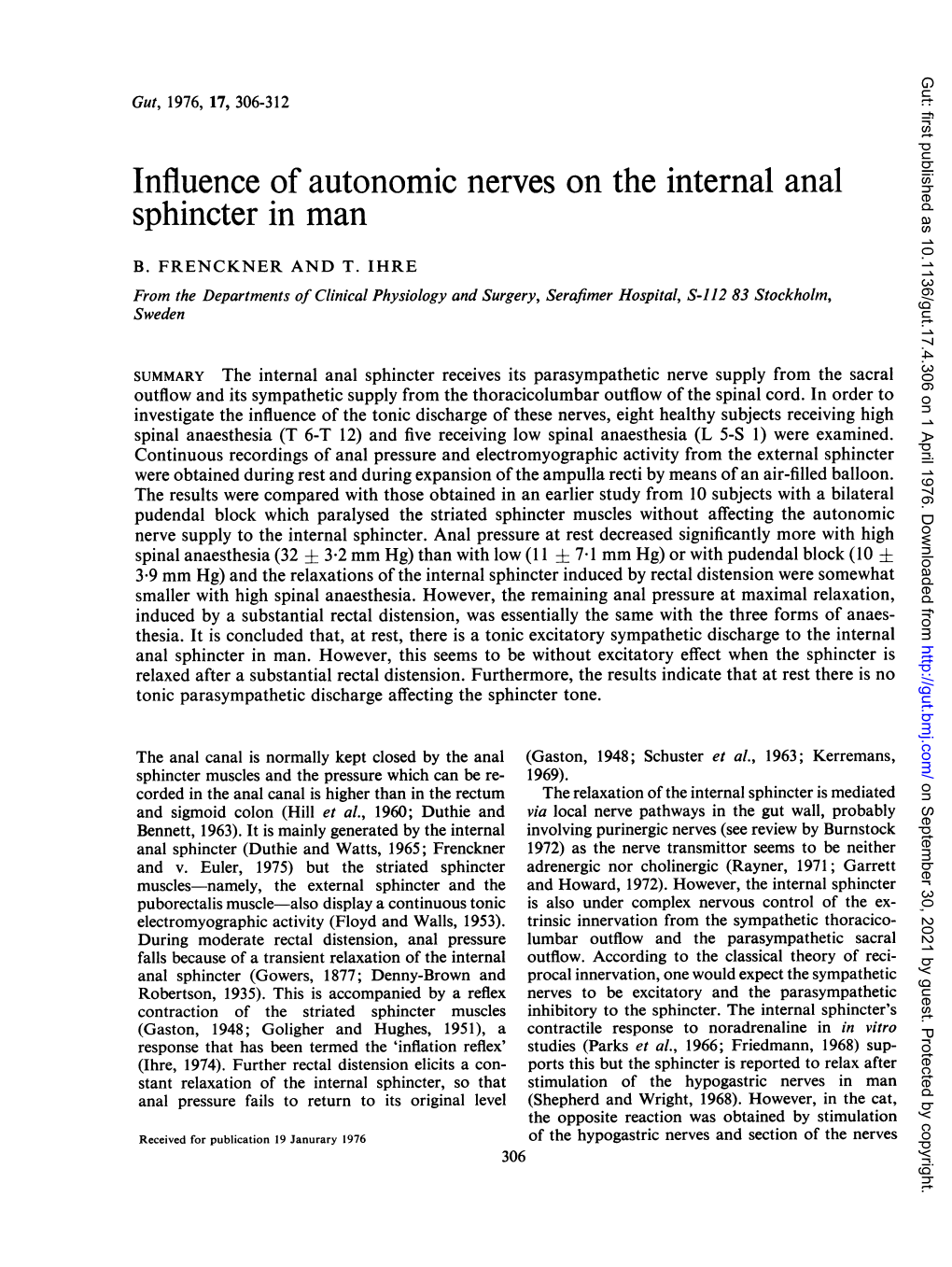 Influence of Autonomic Nerves on the Internal Anal Sphincter in Man