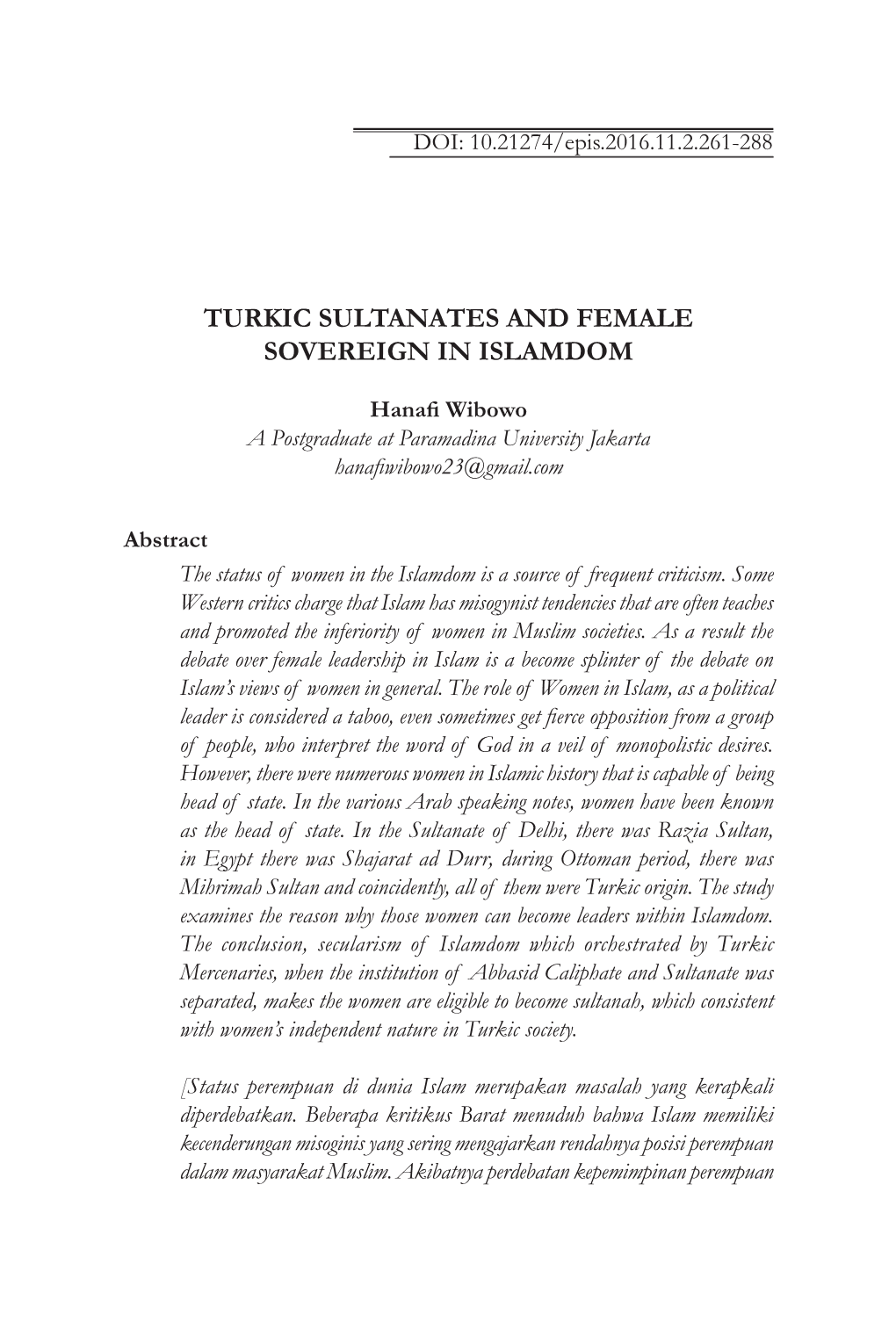 Turkic Sultanates and Female Sovereign in Islamdom