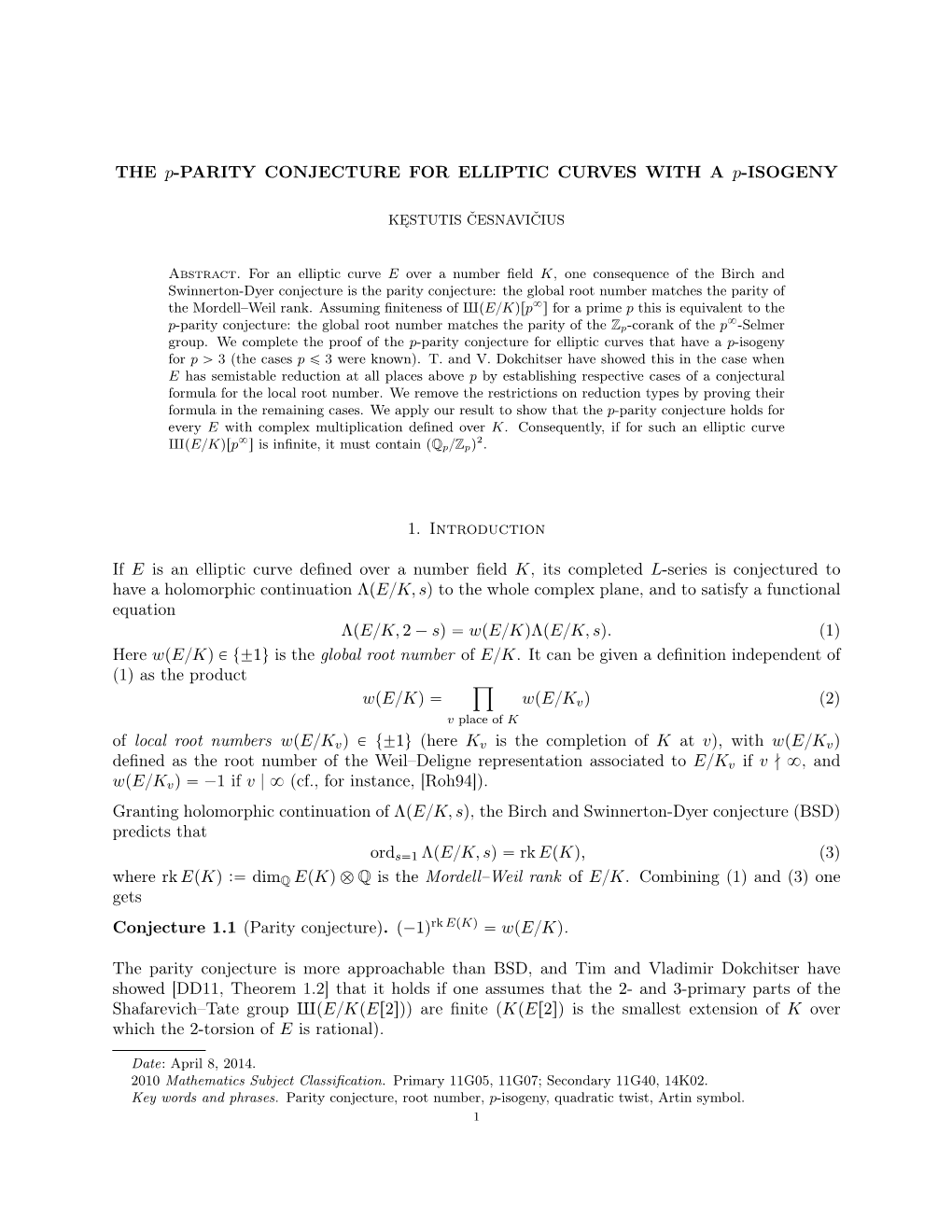 THE P-PARITY CONJECTURE for ELLIPTIC CURVES with a P-ISOGENY