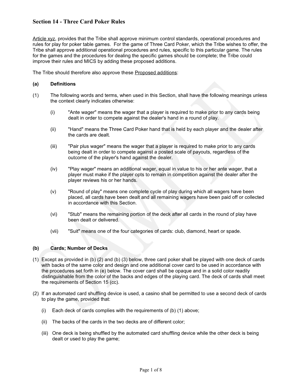 Section 14 - Three Card Poker Rules