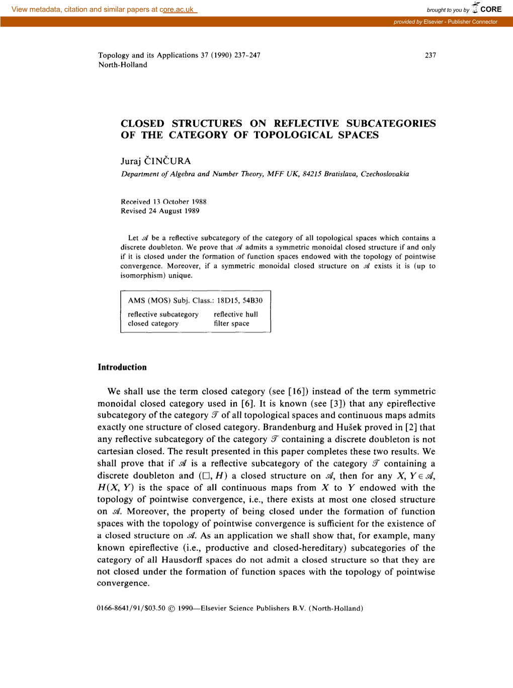 Closed Structures on Reflective Subcategories of the Category of Topological Spaces