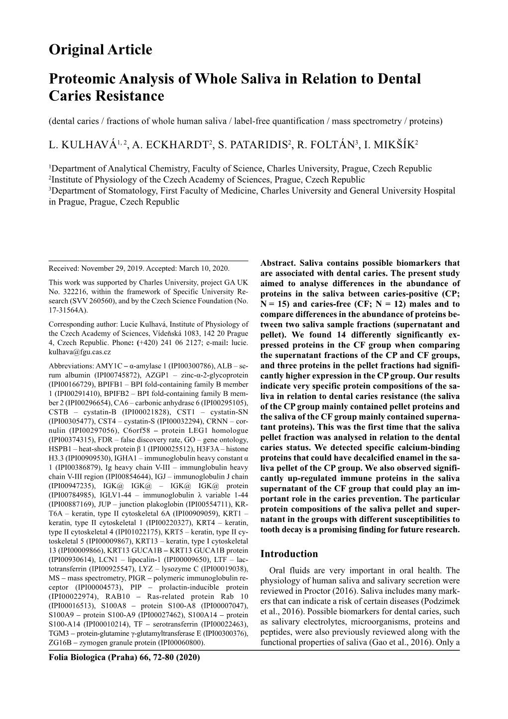 Original Article Proteomic Analysis of Whole Saliva in Relation to Dental Caries Resistance