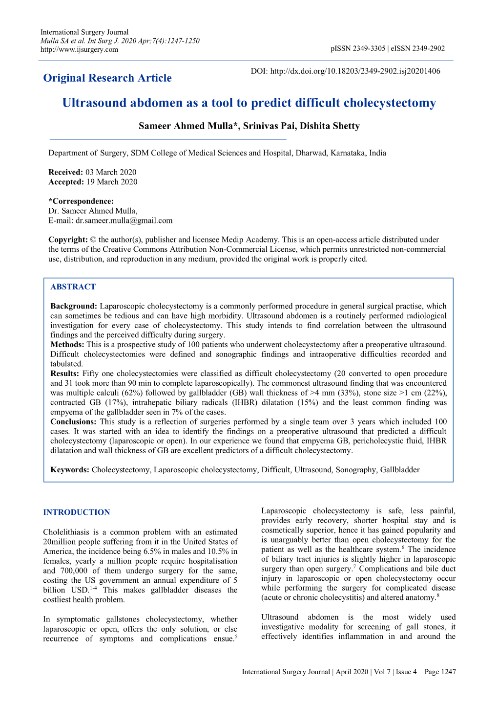 Ultrasound Abdomen As a Tool to Predict Difficult Cholecystectomy