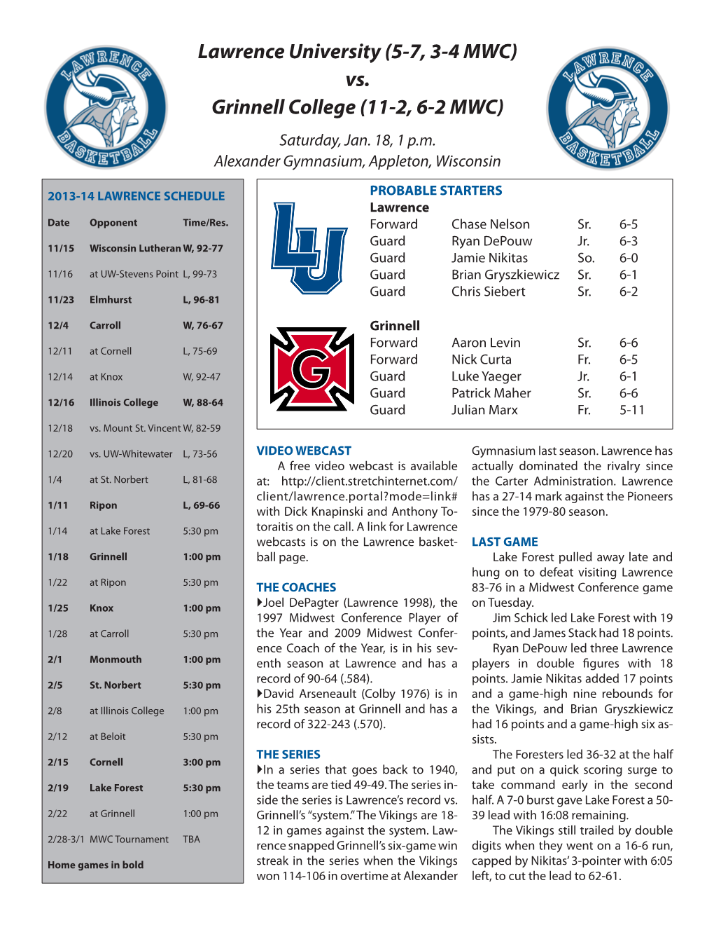 (5-7, 3-4 MWC) Vs. Grinnell College (11-2, 6-2 MWC) Saturday, Jan