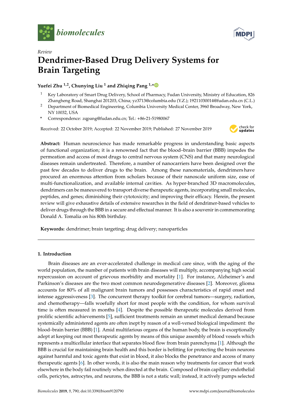 Dendrimer-Based Drug Delivery Systems for Brain Targeting