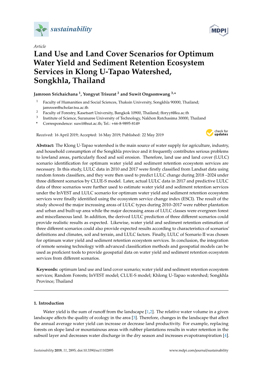 Land Use and Land Cover Scenarios for Optimum Water Yield and Sediment Retention Ecosystem Services in Klong U-Tapao Watershed, Songkhla, Thailand
