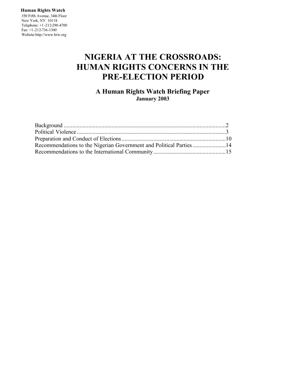 Nigeria at the Crossroads: Human Rights Concerns in the Pre-Election Period
