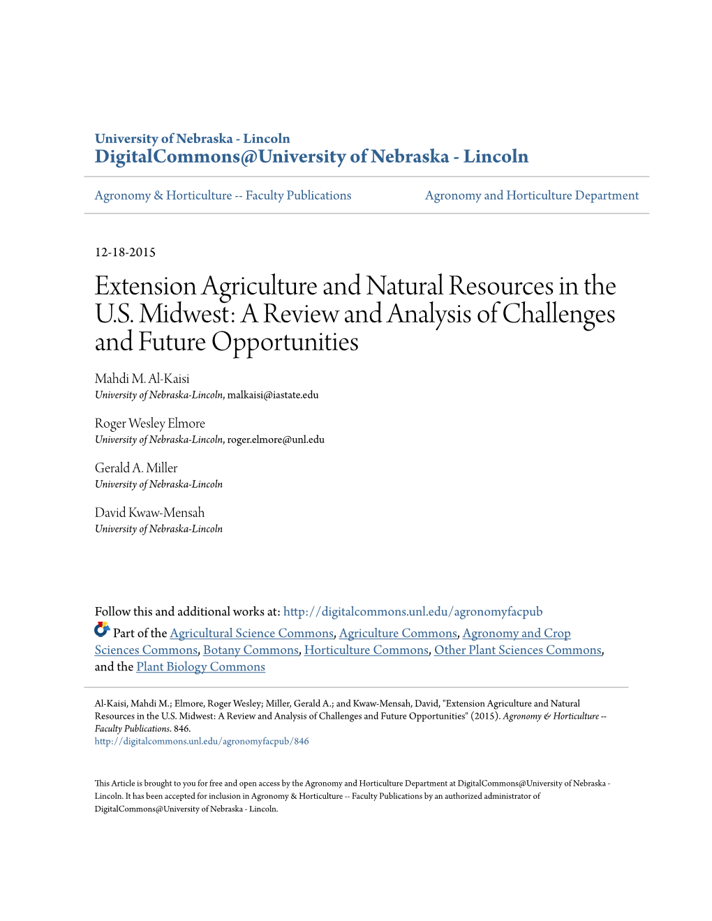 Extension Agriculture and Natural Resources in the U.S. Midwest: a Review and Analysis of Challenges and Future Opportunities Mahdi M