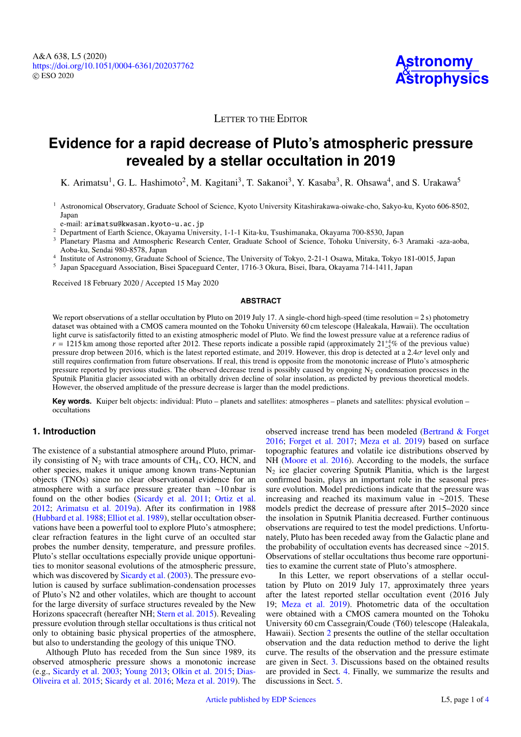 Evidence for a Rapid Decrease of Pluto's Atmospheric Pressure Revealed by a Stellar Occultation in 2019