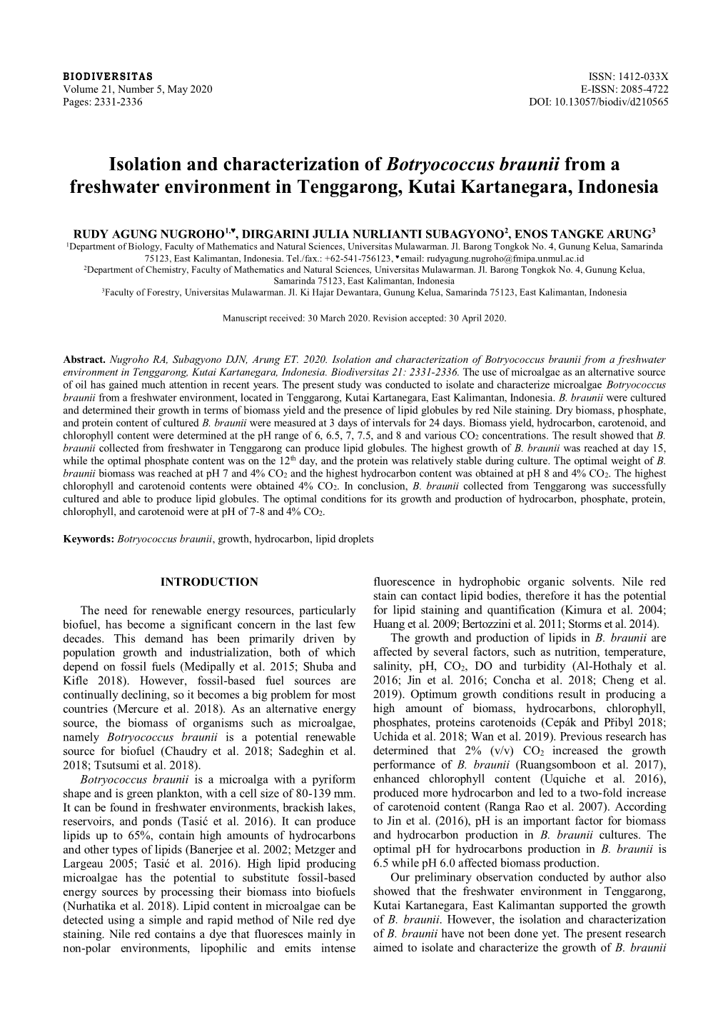 Isolation and Characterization of Botryococcus Braunii from a Freshwater Environment in Tenggarong, Kutai Kartanegara, Indonesia