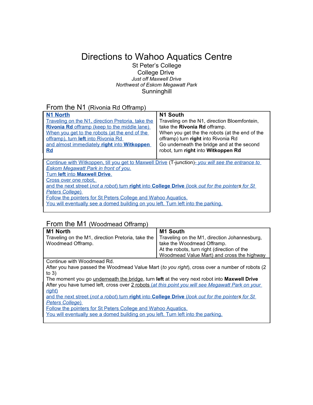 Directions to Wahoo Aquatics Centre