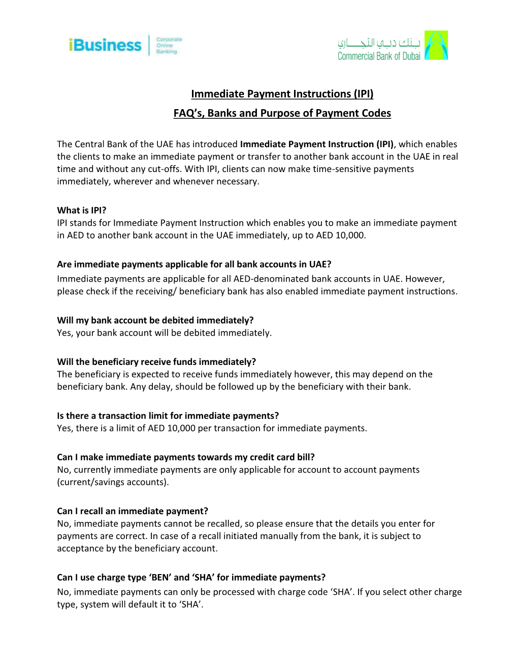 Immediate Payment Instructions (IPI) FAQ's