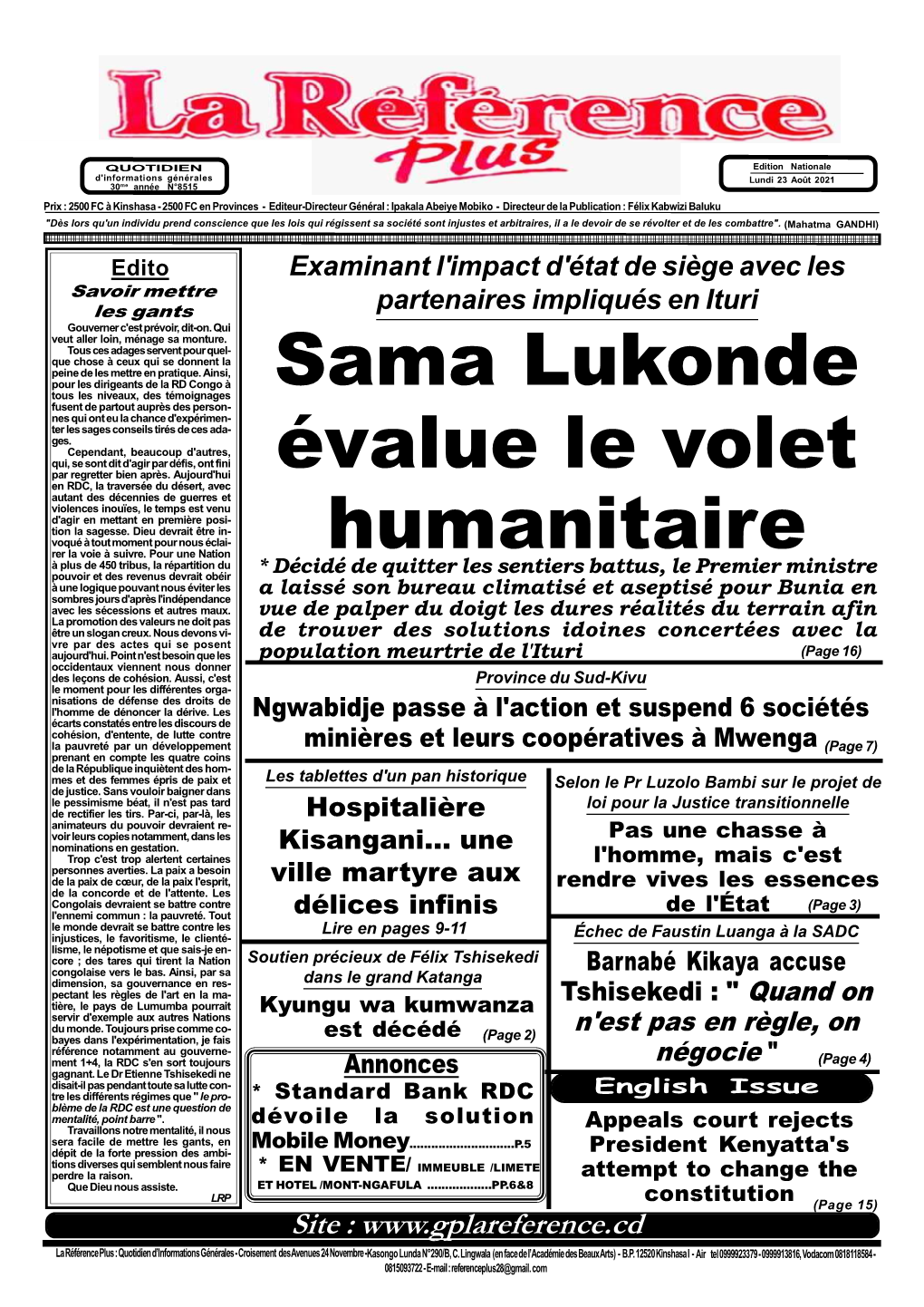 Sama Lukonde Évalue Le Volet Humanitaire