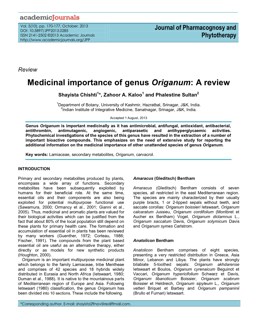 Medicinal Importance of Genus Origanum: a Review