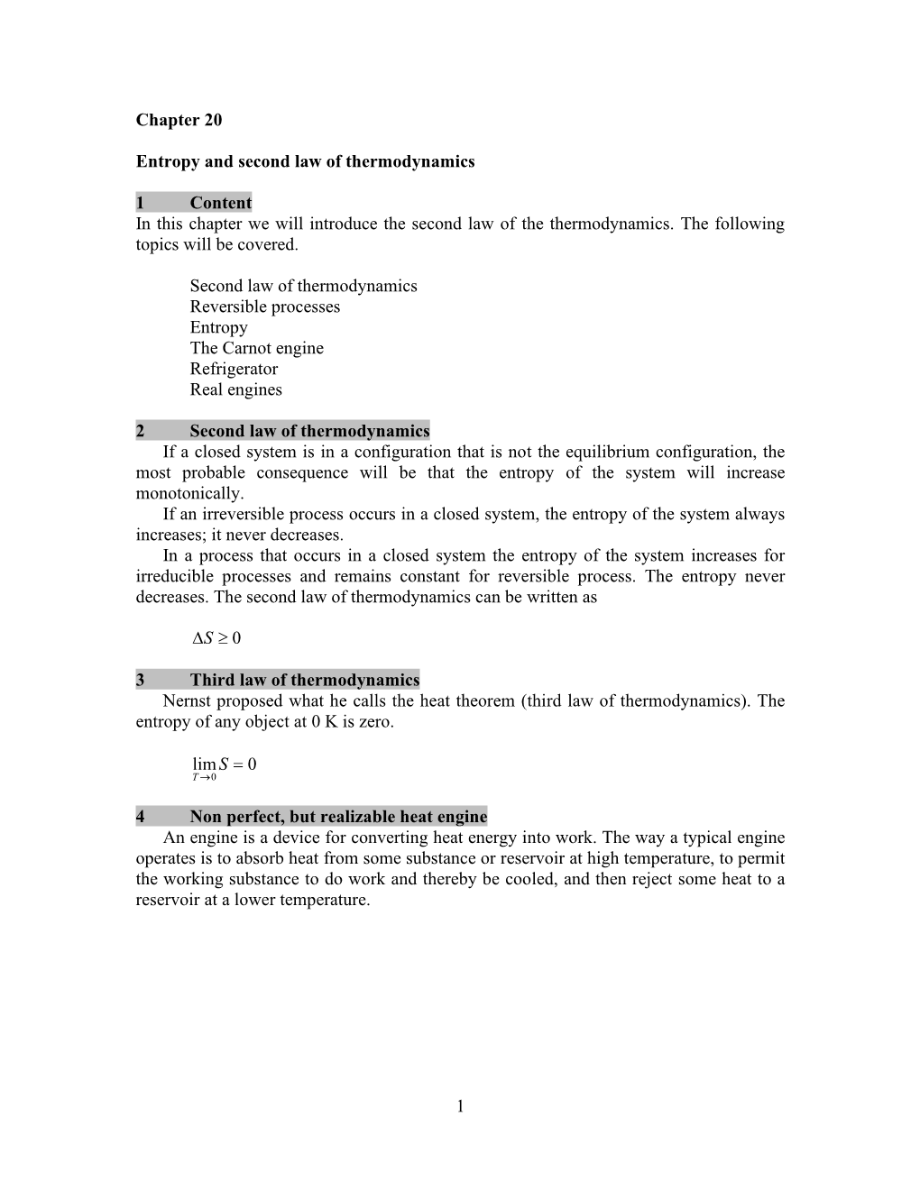 1 Chapter 20 Entropy and Second Law of Thermodynamics 1