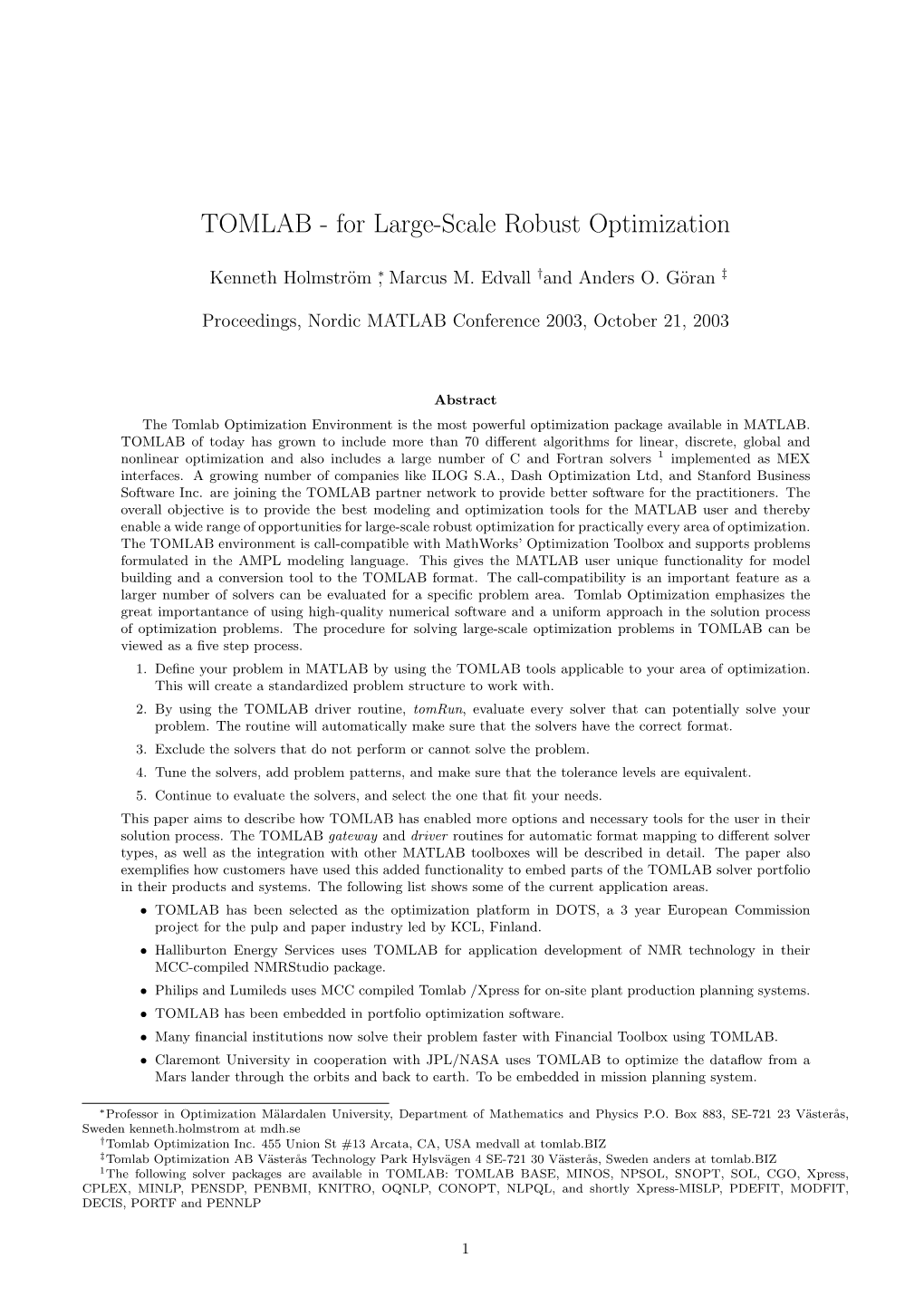 TOMLAB - for Large-Scale Robust Optimization