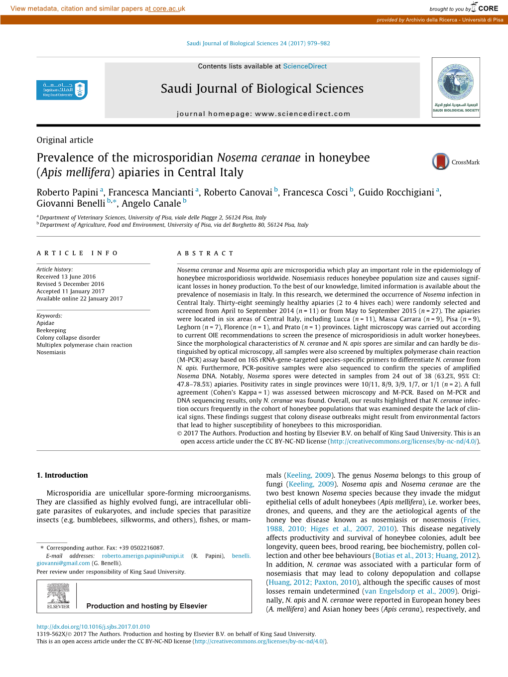 Prevalence of the Microsporidian Nosema Ceranae in Honeybee (Apis Mellifera) Apiaries in Central Italy