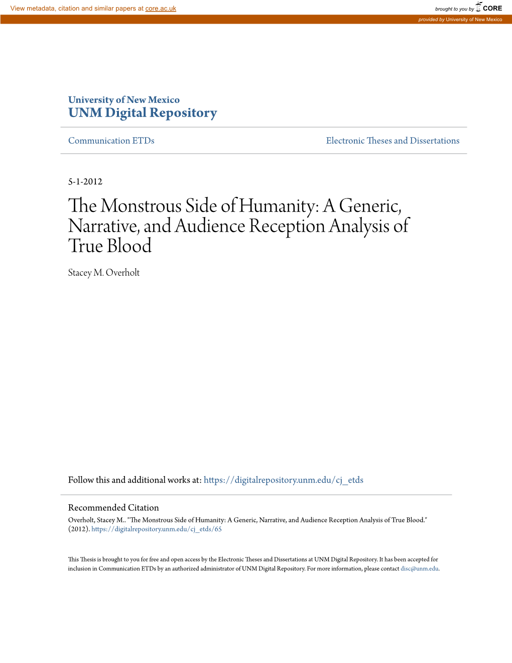 A Generic, Narrative, and Audience Reception Analysis of True Blood Stacey M