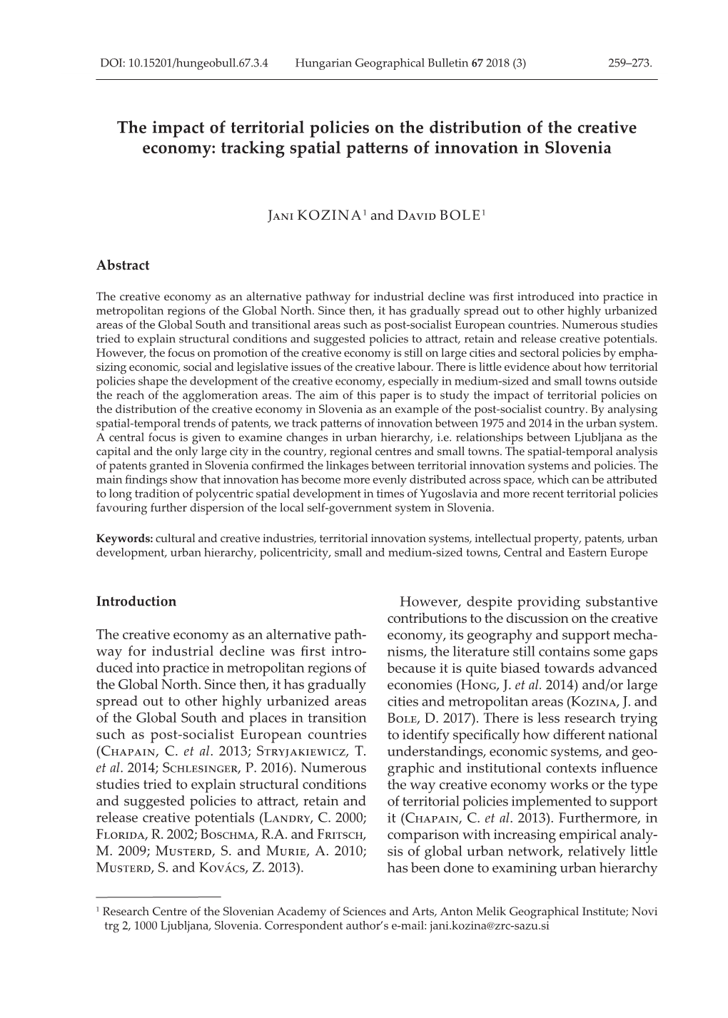 The Impact of Territorial Policies on the Distribution of the Creative Economy: Tracking Spatial Patterns of Innovation in Slovenia