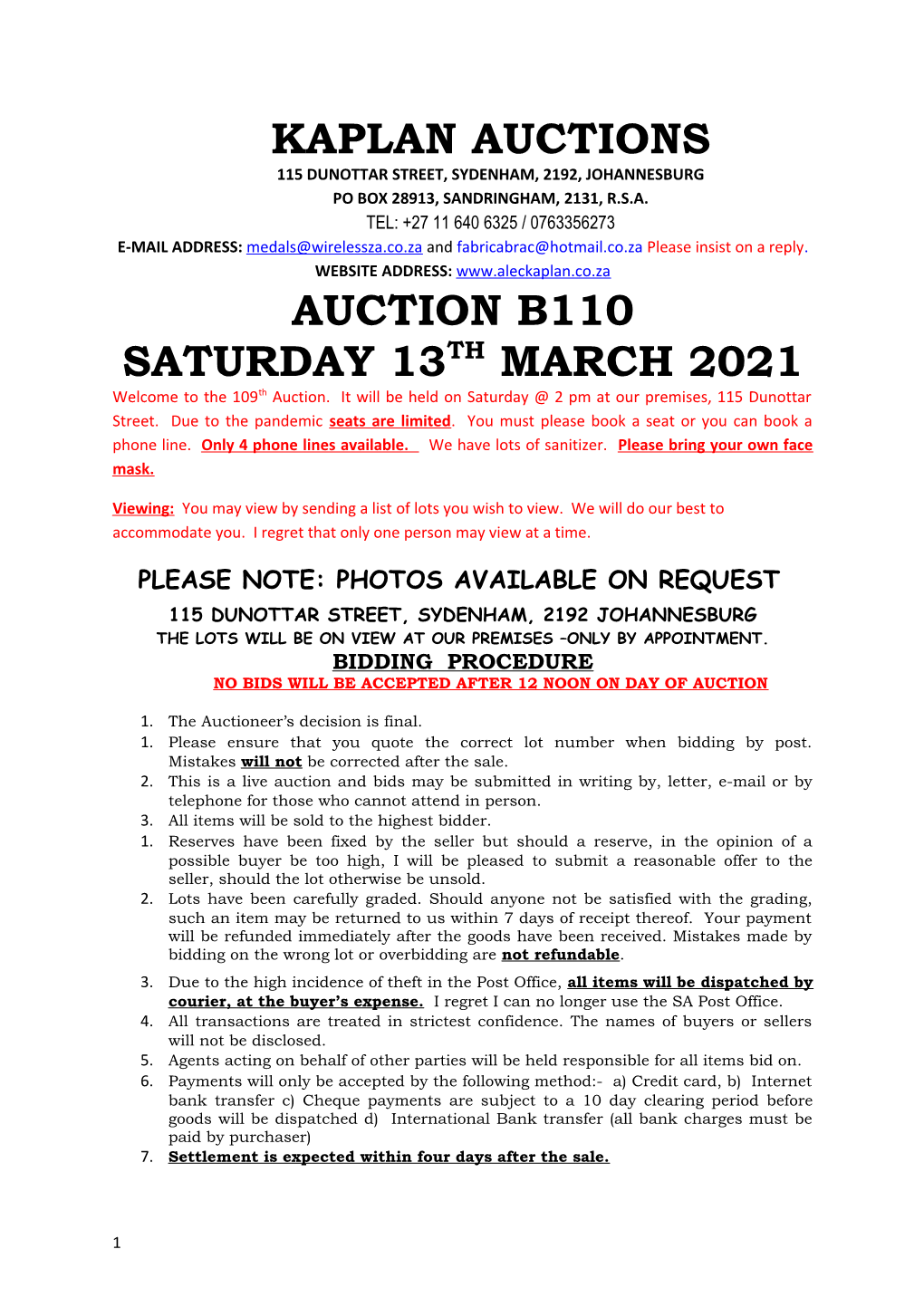 Kaplan Auctions Auction B110 Saturday 13Th March 2021