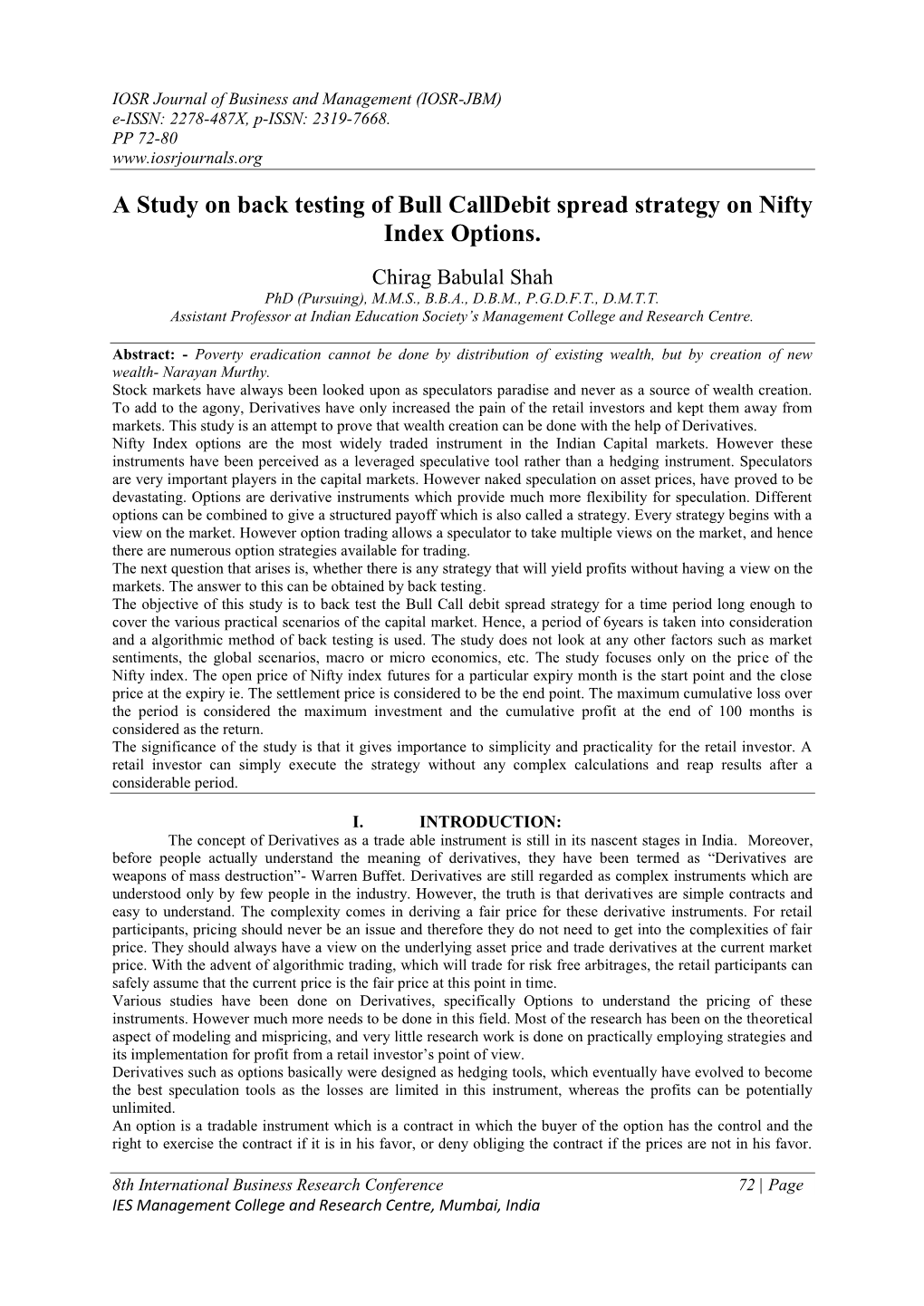 A Study on Back Testing of Bull Calldebit Spread Strategy on Nifty Index Options