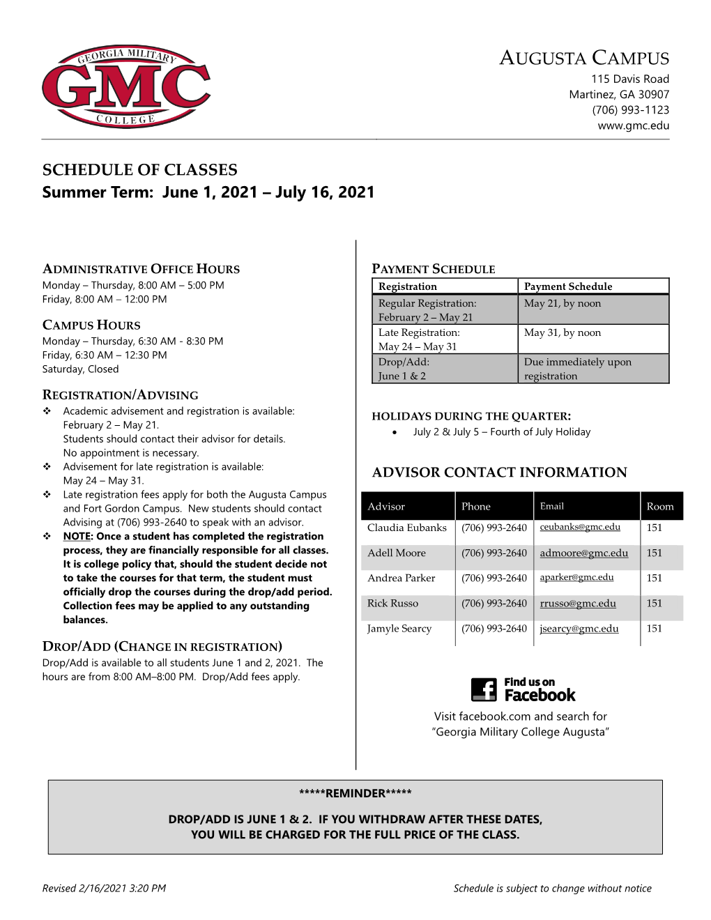 AUGUSTA CAMPUS SCHEDULE of CLASSES Summer Term