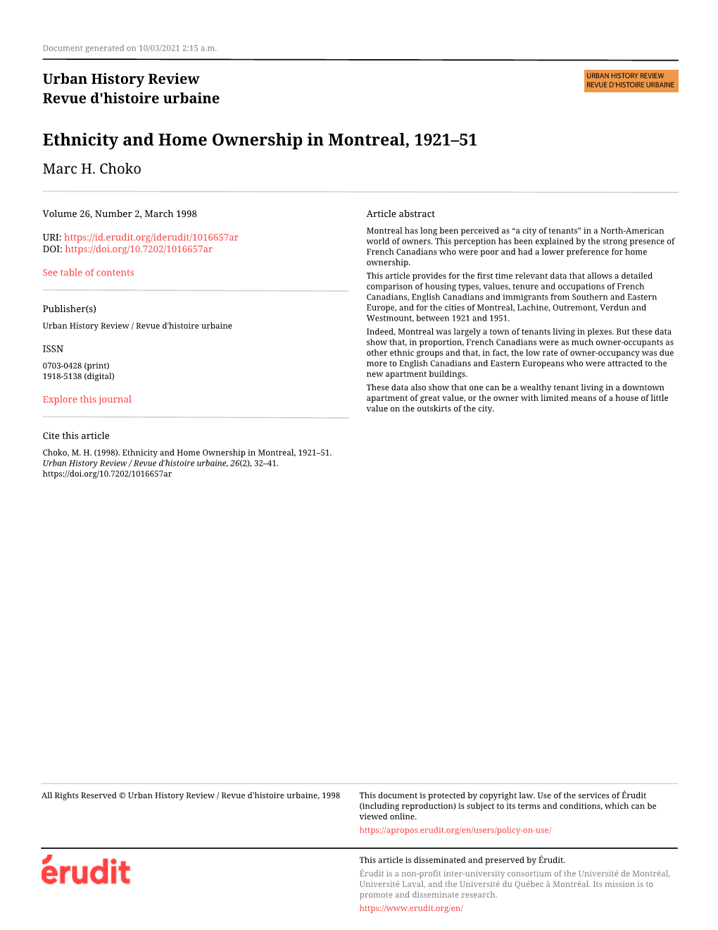 Ethnicity and Home Ownership in Montreal, 1921–51 Marc H