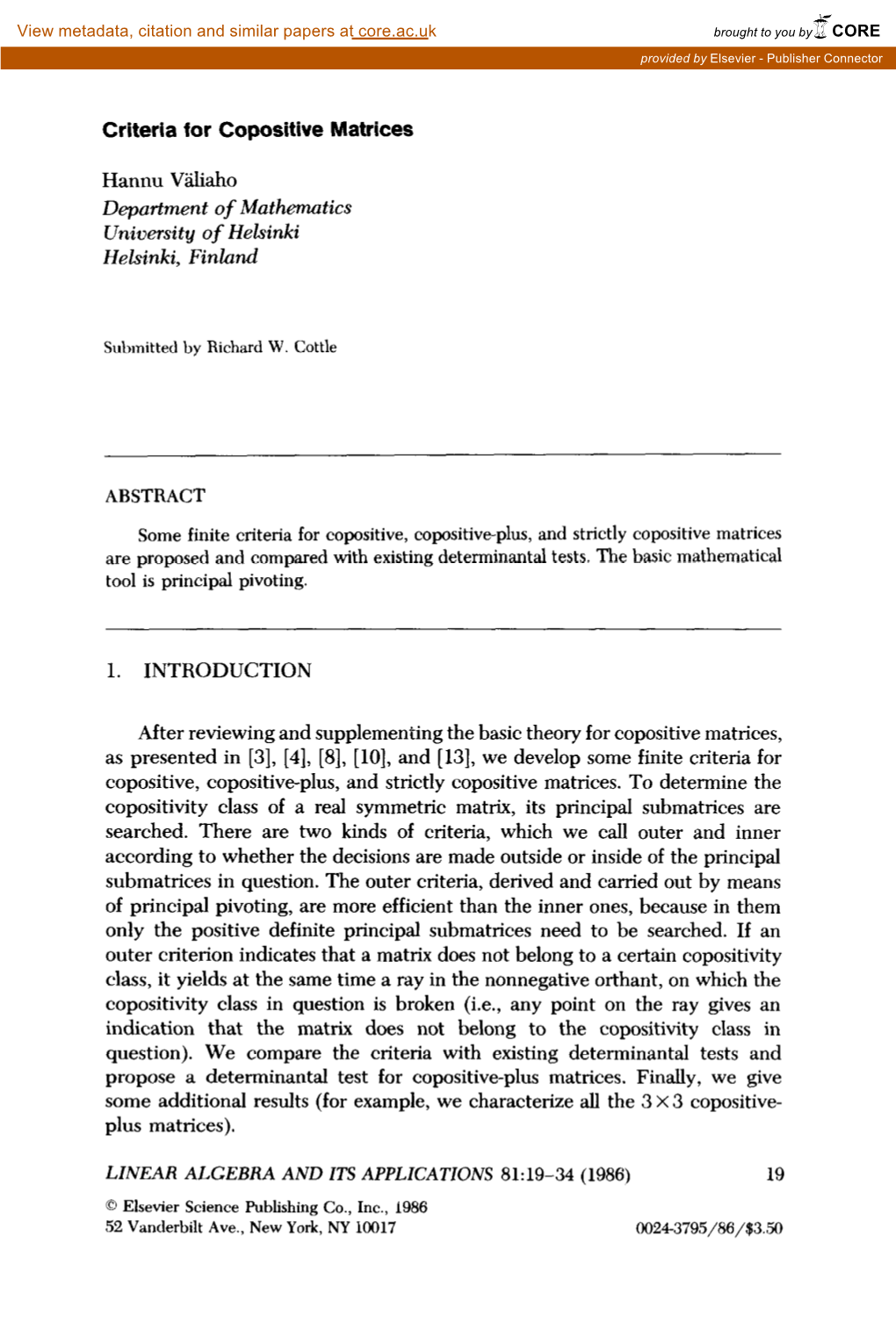 Criteria for Copositive Matrices