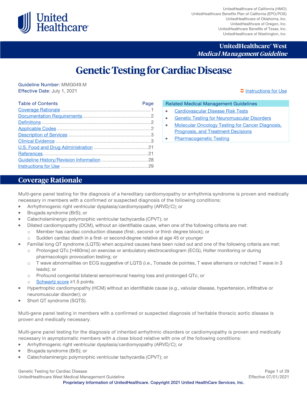 Genetic Testing for Cardiac Disease – Unitedhealthcare West Medical Management Guideline