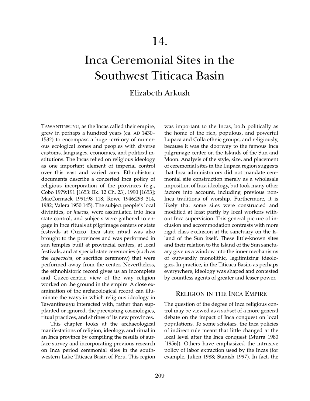 14. Inca Ceremonial Sites in the Southwest Titicaca Basin Elizabeth Arkush