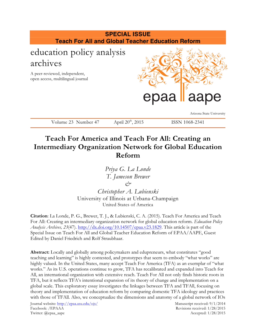 Teach for America and Teach for All: Creating an Intermediary Organization Network for Global Education Reform