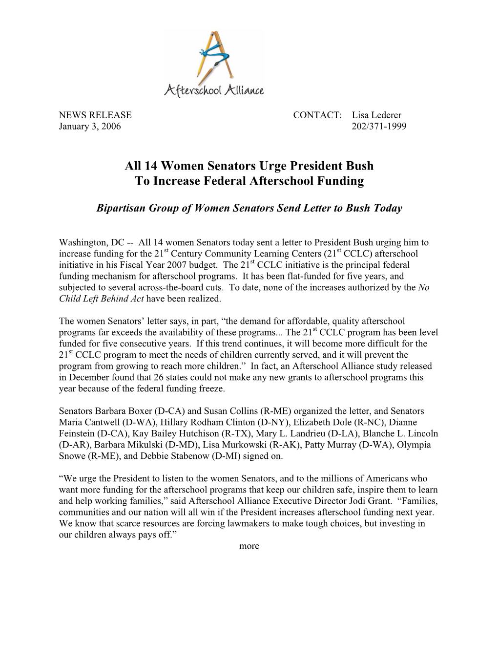 14 Women Senators Urge President Bush to Increase Federal Afterschool Funding
