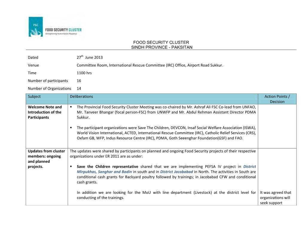 Food Security Cluster Sindh Province - Paksitan