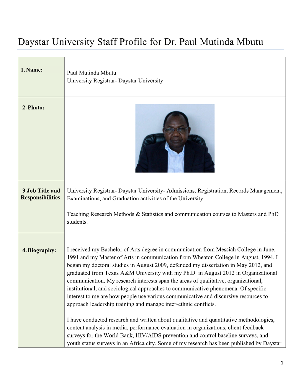 Daystar University Staff Profile for Dr. Paul Mutinda Mbutu