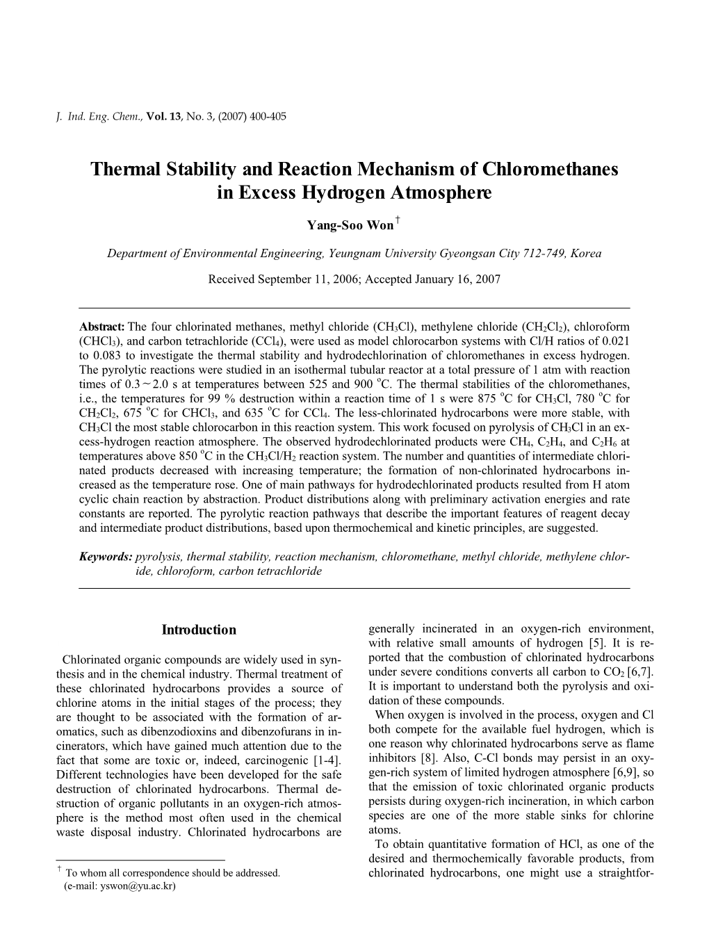 Thermal Stability and Reaction Mechanism of Chloromethanes in Excess Hydrogen Atmosphere