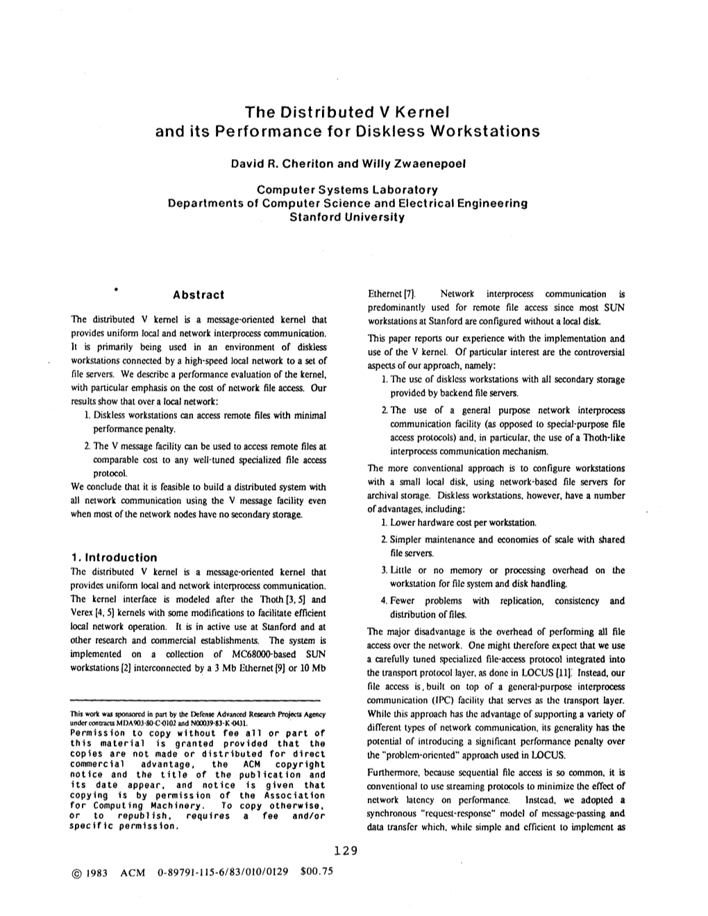 The Distributed V Kernel and Its Performance for Diskless Workstations