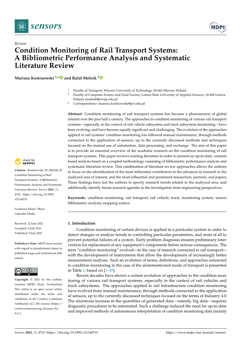 Condition Monitoring of Rail Transport Systems: a Bibliometric Performance Analysis and Systematic Literature Review